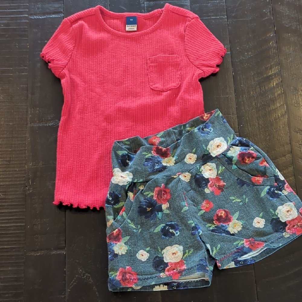 Red Top and Floral Shorts Set